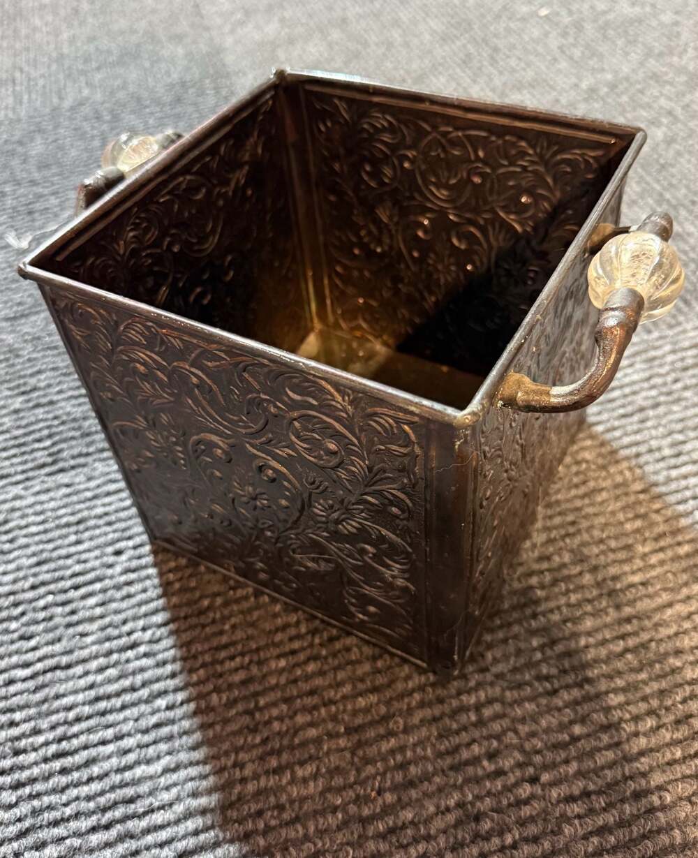 Vintage Ornate Embossed Metal Square Decorative Basket with Glass Bead Handles